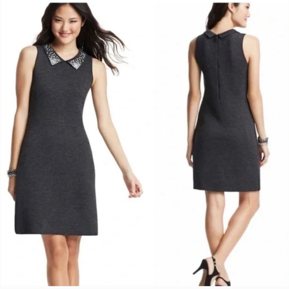 Ann Taylor Loft Gray Sleevless Wool Blend Sweater Dress with Pearl Collar SizeXS